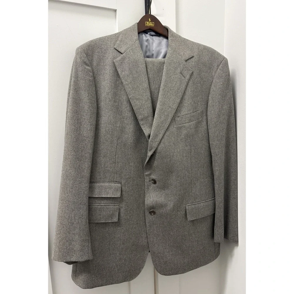 VTG Polo Ralph Lauren 2pc Wool Suit 43 Long Gray Ticket Pocket USA Cuffed 34x32